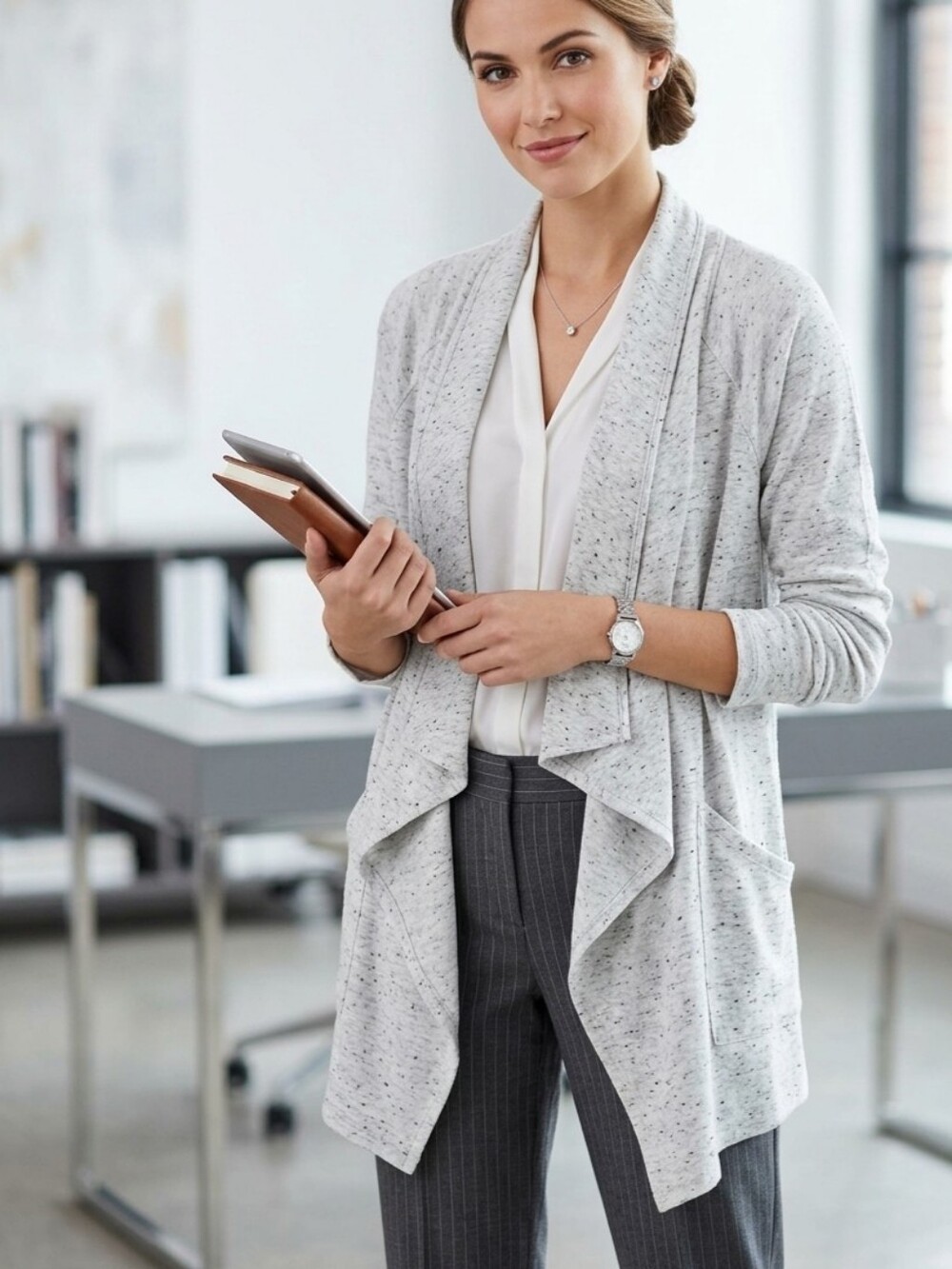 Light Heather Gray Open-Front Draped Cardigan -